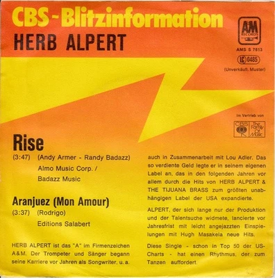 Herb Alpert - Rise 7" Single Promo Vinyl Electronic,Funk / Soul 81028 - Bild 1 von 4