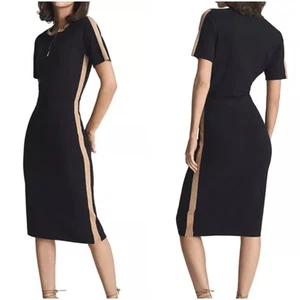 REISS Rosie Knit Midi Dress Black Camel Bodycon Zip Detail Size Large L - Picture 1 of 16