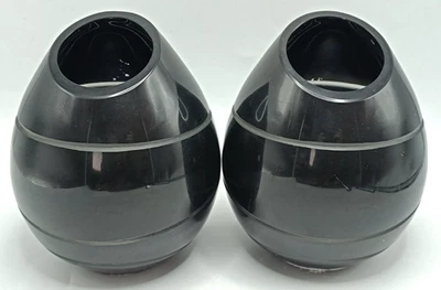 2 VINTAGE BLACK ART GLASS VASE. SLANTING NECK. SPIROL DESIGN. SOME SCRATCHES - Image 1 of 4