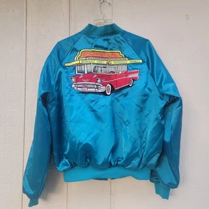 Vintage King Louie Mens Pro Fit Cruise-in Embroidered Bomber Jacket Satin Blue L - Picture 1 of 3