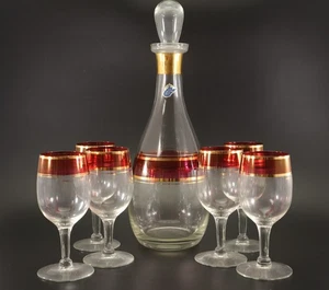 West Virginia Glass DECANTER & 6 GLASSES Cranberry Red Band 12" MCM Vintage - Picture 1 of 16