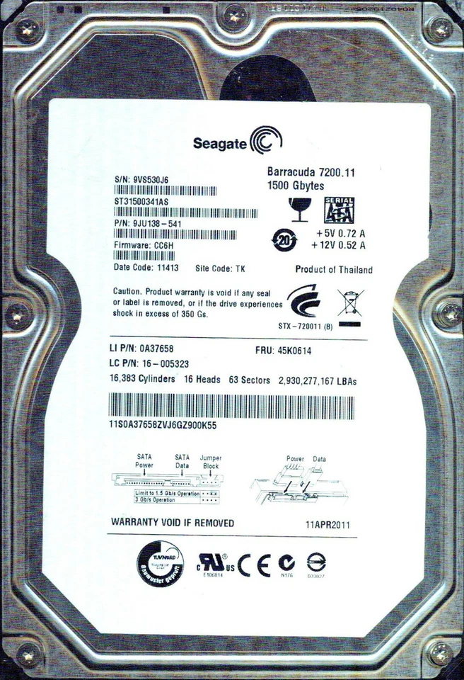 ST31500341AS, 9JU138-541,   CC6H,  TK,  9VS5   SEAGATE SATA 1.5TB  11413 - Image 1 of 1