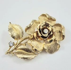 Vintage Signed CORO Gold Tone & Clear Rhinestone Rose Flower Brooch - Picture 1 of 6