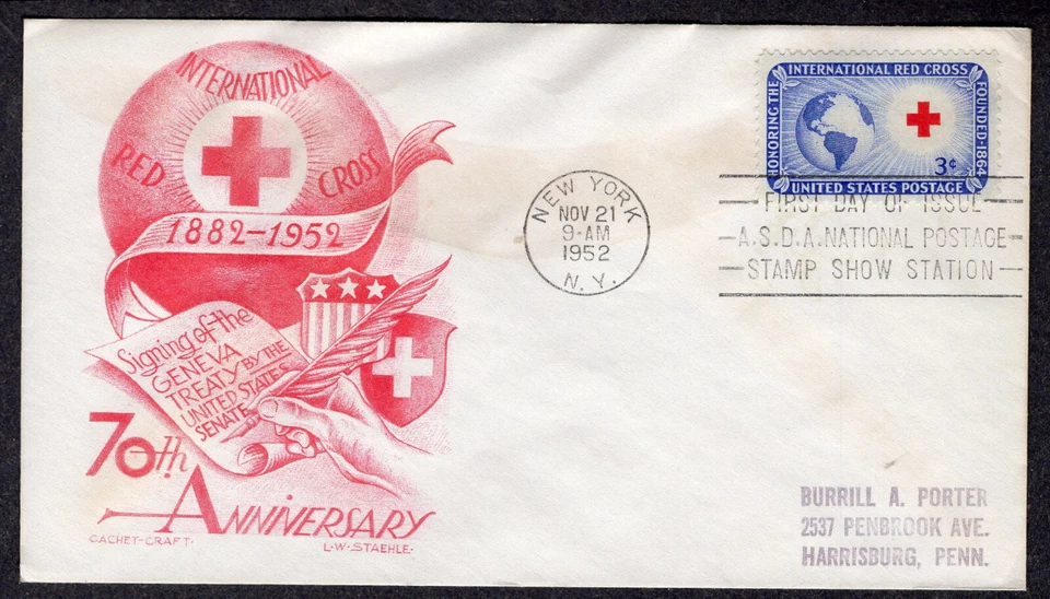1952 International Red Cross 70th (1016) Staehle ONE COLOR Cachet Craft FDC NY5 - Image 1 of 1