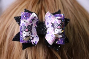 Purple Black Gothic Hello Kitty Hairbow BOUTIQUE HANDMADE STACKED  - Picture 1 of 2