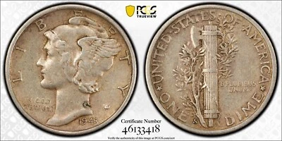 1943-S United States 1 dime coin, PCGS XF45 the Mercury dime  - Image 1 of 3