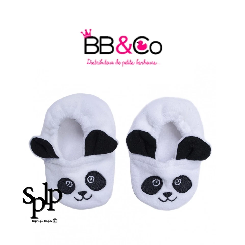 BB & CO Pantofole In Velluto Ricamate Panda Bianco/Nero 0-6 Mesi Nuovo - Immagine 1 di 1