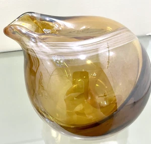 Amber W/White Swirl Heavy Hand Blown Art Glass Vase/Pitcher 5" T x 6” W 3lb 7oz - Picture 1 of 12