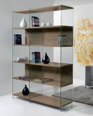 LIBRERIA COMPONIBILE BIFACCIALE IN VETRO TEMPERATO PIANI LEGNO VARI COLORI 70.4 - Immagine 1 di 4