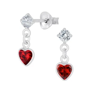 Red Clear Cubic Zirconia Heart Drop Stud Earrings 925 Sterling Silver Cartilage - Picture 1 of 3