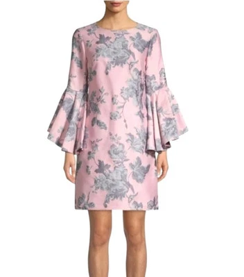 Mini Vestido Belle Badgley Mischka Rosa Gris Floral Manga Campana Talla 10 Foto 1 de 4