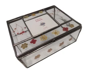 Vintage Keepsake Pressed Flowers Glass Metal Photo Trinket Box Chain 7” 5” 3” - Picture 1 of 12