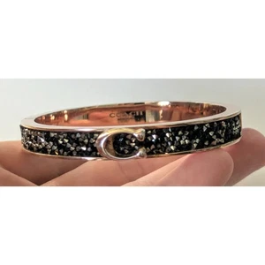 COACH C Logo Hinged Bangle Bracelet Gold S/Steel & Black Sparkle Glitter - Picture 1 of 7