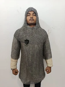 Camicia medievale in acciaio 9 mm anello piatto rivettato mezza manica maglia catena e coif - Foto 1 di 5