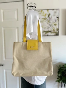 VTG House of Florence Tote Yellow Leather Trim Beige Canvas Shoulder Bag - Picture 1 of 13