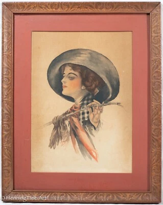 Pintura antiga em aquarela Art Deco de retrato feminino, assinada e emoldurada! - Imagem 1 de 4