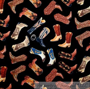 BonEful Fabric Cotton Quilt Black Brown Horse Farm Rodeo Leather Boot TN SCRAP - Picture 1 of 7