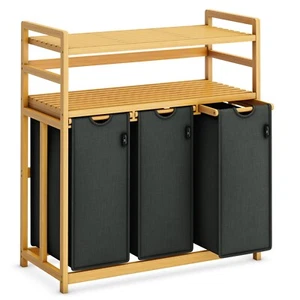Wäschekorb Wäschesammler 150L Aus Bambus, 3 Fächer & 2 Regale, Bitte Lesen - Bild 1 von 8