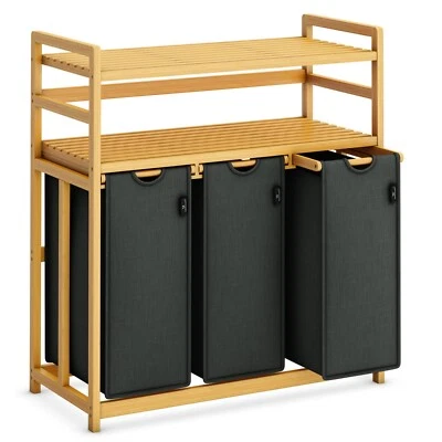 Wäschekorb Wäschesammler 150L Aus Bambus, 3 Fächer & 2 Regale, Bitte Lesen - Bild 1 von 4