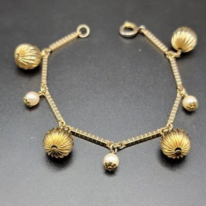Victorian Germany 12k Gold Filled Bead Peal Bar Tennis Bracelet Dangle Rose 7.5 - Picture 1 of 21