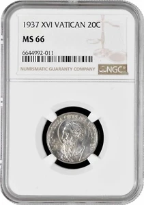 Vatican City 20 centesimi 1937, NGC MS66, "Pope Pius XI (1929 - 1938)" Pop 1/1 - Picture 1 of 2