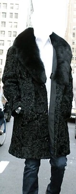 Men's Black Real Persian Lamb Fur long 40" Coat FOX Fur shawl  Collar Pre Sale - Image 1 of 4