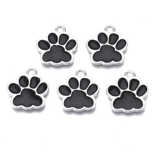 Enamel Paw Charms Black Cat Dog Paw Print Silver Base 18mm x 16mm 10pcs E252 - Picture 1 of 6