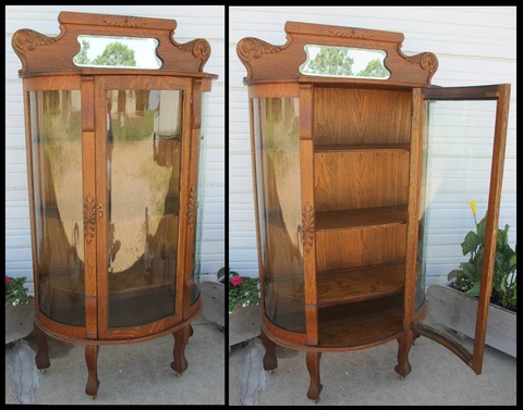Antique Quartersawn Oak 3Curve Glass China Cabinet Bevel Mirror Acanthus Carving Cover