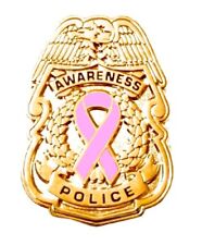 Pink Ribbon Police Badge Breast Cancer Awareness Collar Cap Gold Plated New