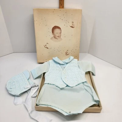 1957 light blue Vintage 3 Piece Set Baptism Christening Outfit vest bonnet 3-6mo - Image 1 of 4