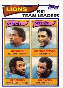 1982 Topps #333 Billy Sims/Jim Allen/Freddie Scott/Dave Pureifory Lions TL NM-MT