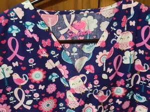NWT - OWLS, BIRDS AND RIBBON PRINTED SCRUB TOP - SIZE: X-SMALL - Picture 1 of 4