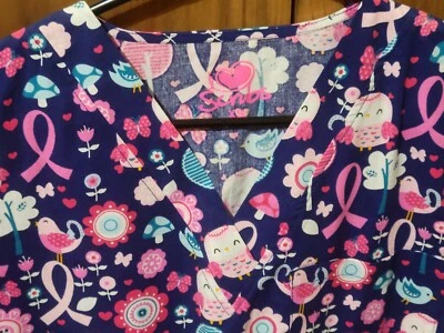 NWT - OWLS, BIRDS AND RIBBON PRINTED SCRUB TOP - SIZE: X-SMALL - Image 1 of 4