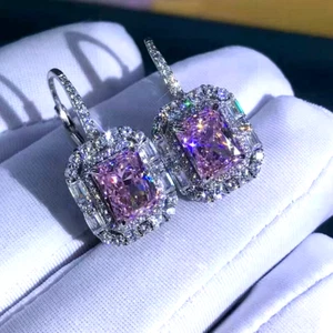 5.00 Ct Radiant Cut Pink Sapphire Drop/Dangle Earrings 14K White Gold Finish - Picture 1 of 6