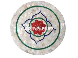 White Marble Coffee Table Top SeaShell Stone Inlay Marquetry Hallway Decor H3502 - Picture 1 of 5