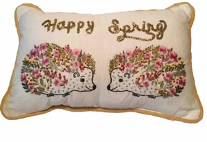Happy Spring Beaded Floral Pillow Throw Decorative Garden Hedge Hogs  - Picture 1 of 9
