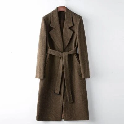100% Wool Women's Tie A Belt Coat Retro Long Suit Woolen Leisure Coat Dark Color - Image 1 of 4