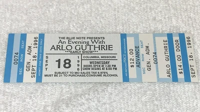 НЕИСПОЛЬЗОВАННЫЙ БИЛЕТ НА КОНЦЕРТ АРЛО ГАТРИ 1996 сувениры Колумбия Миссури Эфемера - Изображение 1 из 4