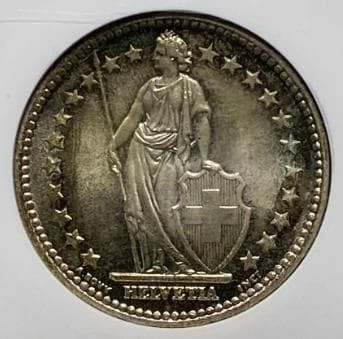 MS66 Semi-Highest Grade / Swiss 2 Franc Silver Coin Helvetia / 1953 / 35 - Image 1 of 4