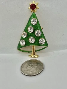 Broche Árbol de Navidad Vintage Forma Atómica Bisel Estrás Transparente Esmalte Verde - Imagen 1 de 4
