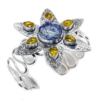 Bracciale in argento sterling 925 con pietre preziose al quarzo rutilato,... - Immagine 1 di 4