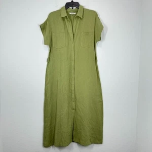 August Sky Light Green 100% Brushed Cotton Short Sleeve Button Front Midi Dress - Picture 1 of 7