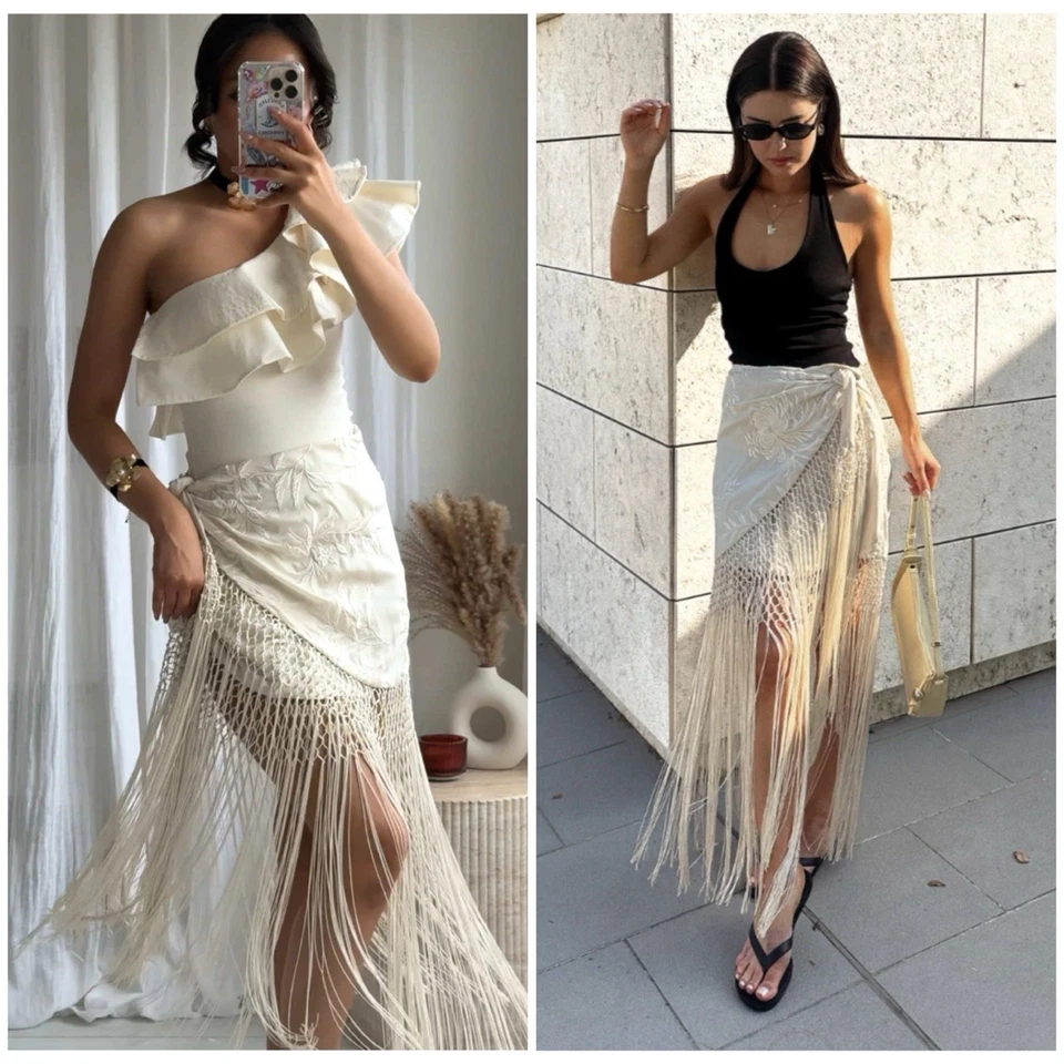 ZARA WOMAN NWT SS25 ECRU EMBROIDERED FRINGED WRAP SKIRT S,M 3183/012/712 - Image 1 of 4