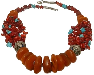 Vintage -Style Moroccan Berber  Amber & Coral Turquoise Beaded Necklace Ethnic - Picture 1 of 3