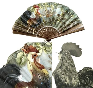 Antique Edwardian 1910s Chantecler rooster hand fan hand stitched painted silk - Picture 1 of 24