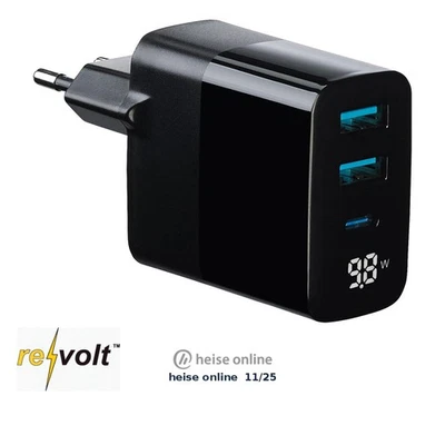 revolt 30 W 3-Port-USB-Netzteil, USB-C & 2x Typ A, Display, PD Power Delivery - Bild 1 von 4