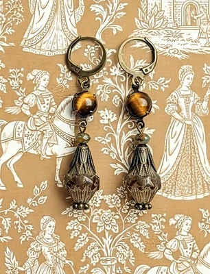 Victorian Tiger Eye & Rustic Glass In Brass Earrings - Image 1 of 4