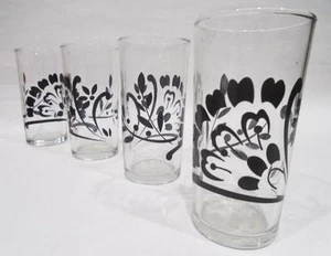 4 BLACK DAMASK 7-oz JUICE GLASSES Floral Spray Berries Leaves MATTE Finish 4.25" - Picture 1 of 3
