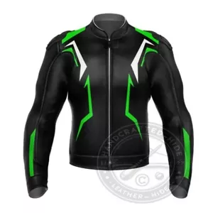 New Men's Black Kawasaki Motorcycle Racing Green Stripe Genuine Leather Jacket - Picture 1 of 5