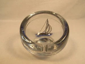 Vintage Viking Glass Atomic Orb Ashtray Slanted Sphere Clear Sailboat 4"x3.5" - Picture 1 of 8